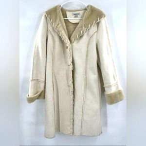 COLDWATER CREEK Whipstitch Faux Suede Hooded Coat Jacket Cream S